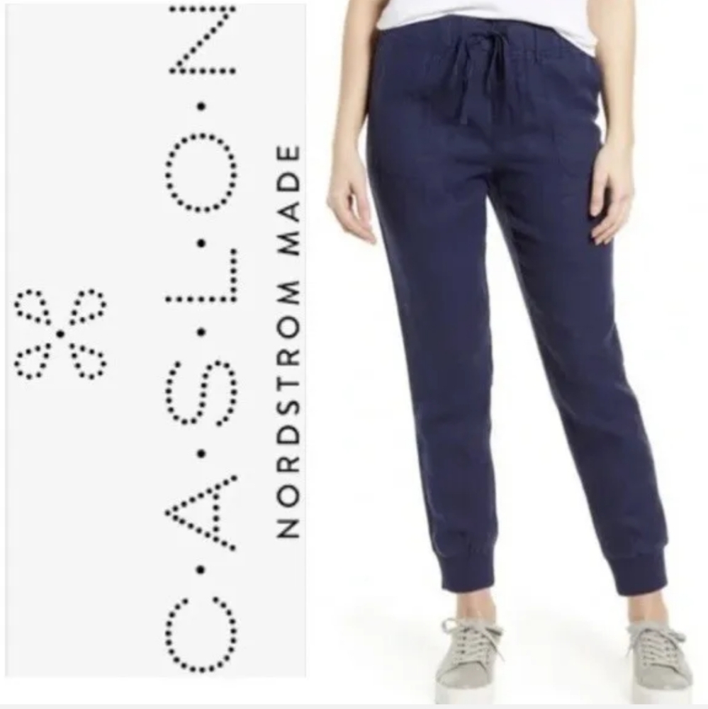 NWT CASLON Nordstrom Drawstring Linen Joggers Navy Peacoat SZ:XSP MRSP$59